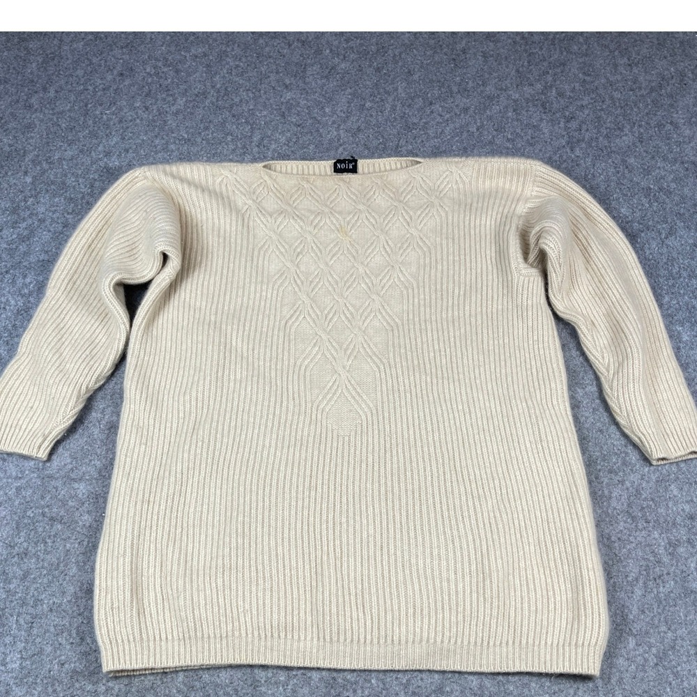 Noir 100% Pure Cashmere Sweater Cream Ribbed Diamond Cable Knit Made in Italy